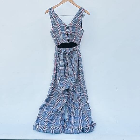 Mango Plaid Check Sleeveless Cut Out Backless Jumpsuit XS Preppy Vest Wide Leg - Picture 3 of 12